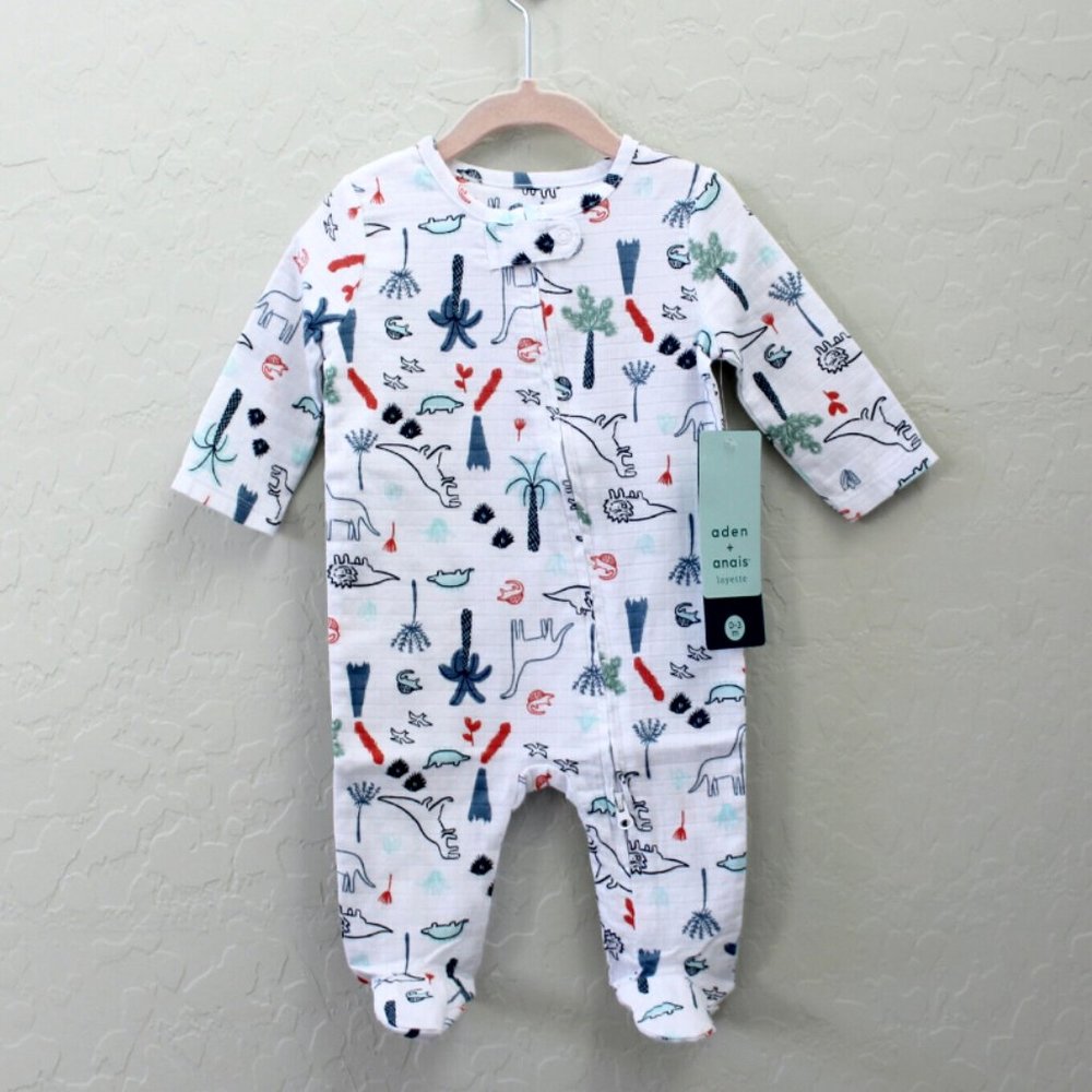 aden + anais Dinosaurs Long Sleeve Zipper Footed Bodysuit Size 0-3 Months